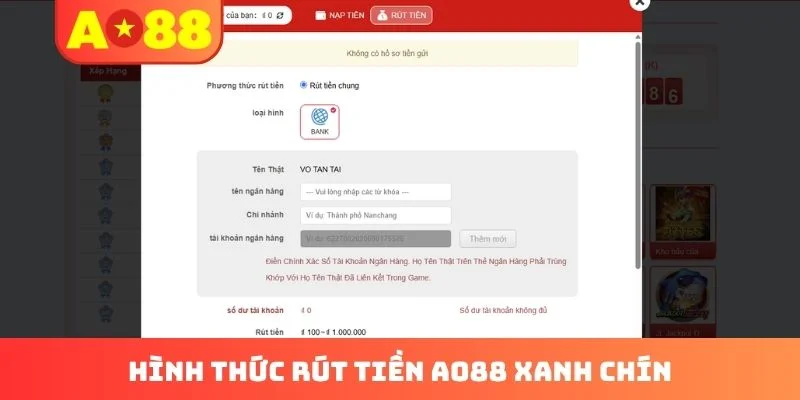 Hình thức rút tiền AO88 xanh chín