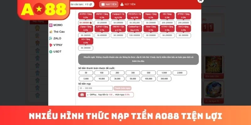 Nhiều hình thức nạp tiền AO88 tiện lợi